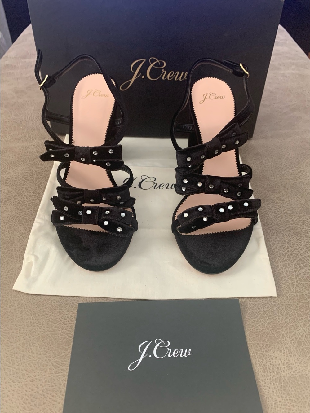 J. Crew Black Velvet Stella Bow & Crystal Accents Ankle Strap Shoes Women’s 10